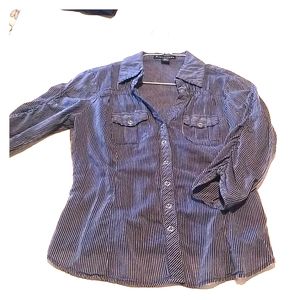 Blue pinstripe button up top